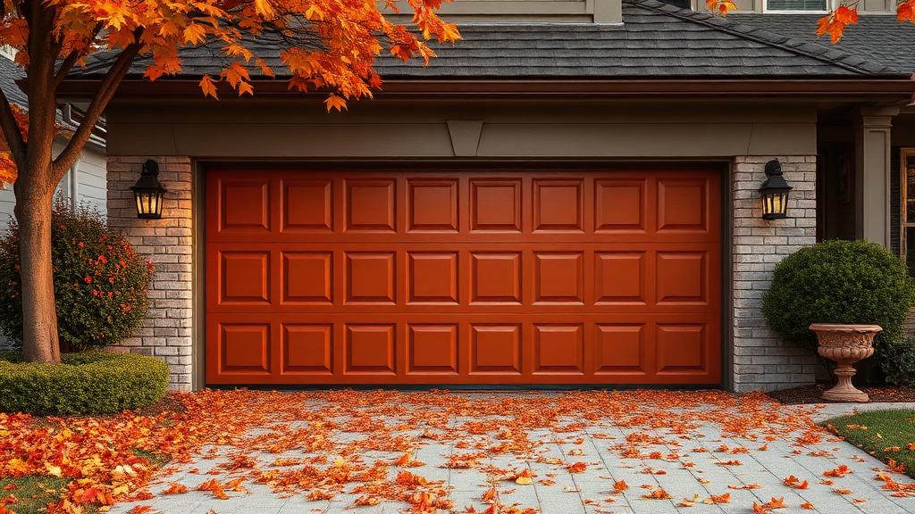 Garage door with autumn leaves on the ground