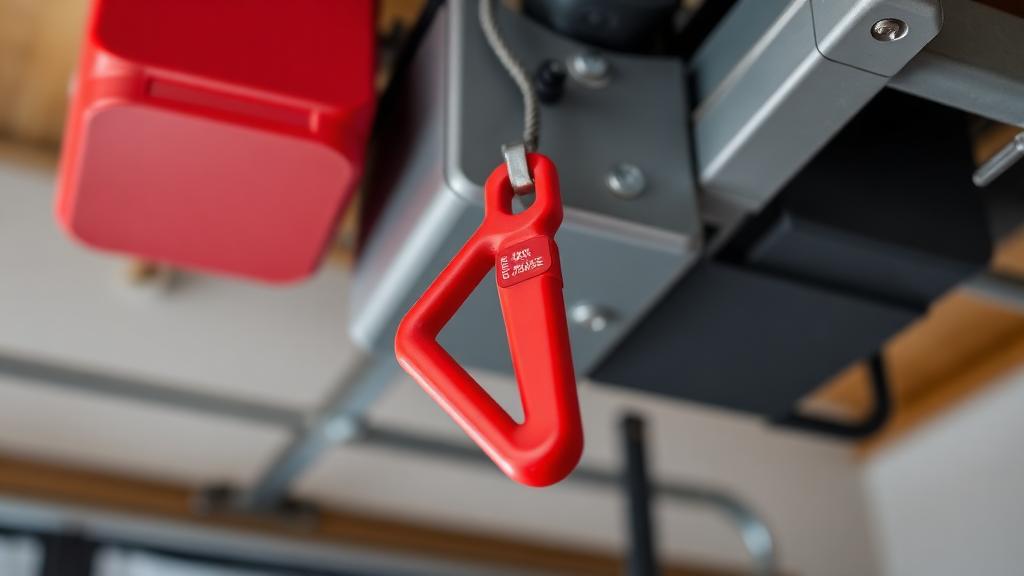 Red emergency release cord handle on garage door opener