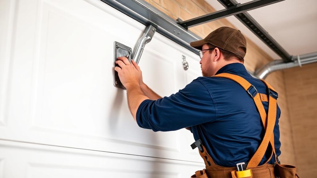 Technician repairing residential garage door