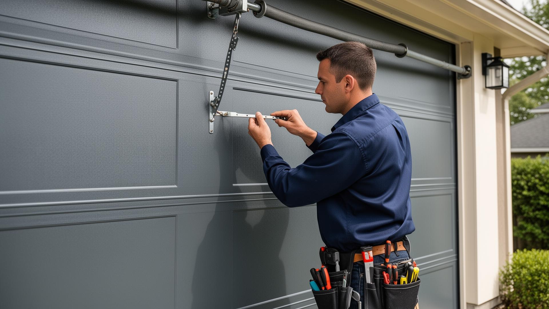 Professional garage door technician inspecting residential steel garage door